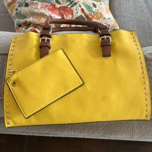 Yellow handmade leather purse. Golf and brown accents